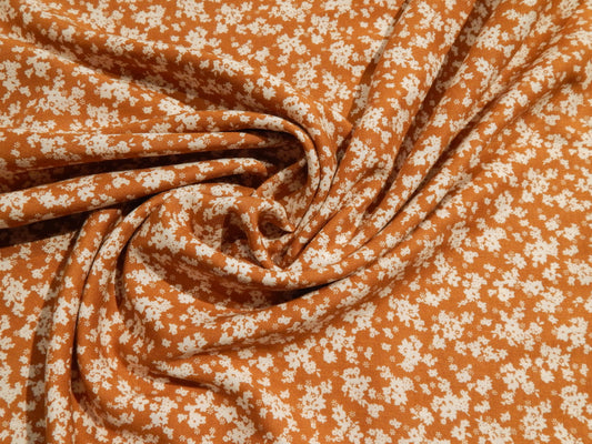 brown and white ditsy floral rayon challis deadstock fabric