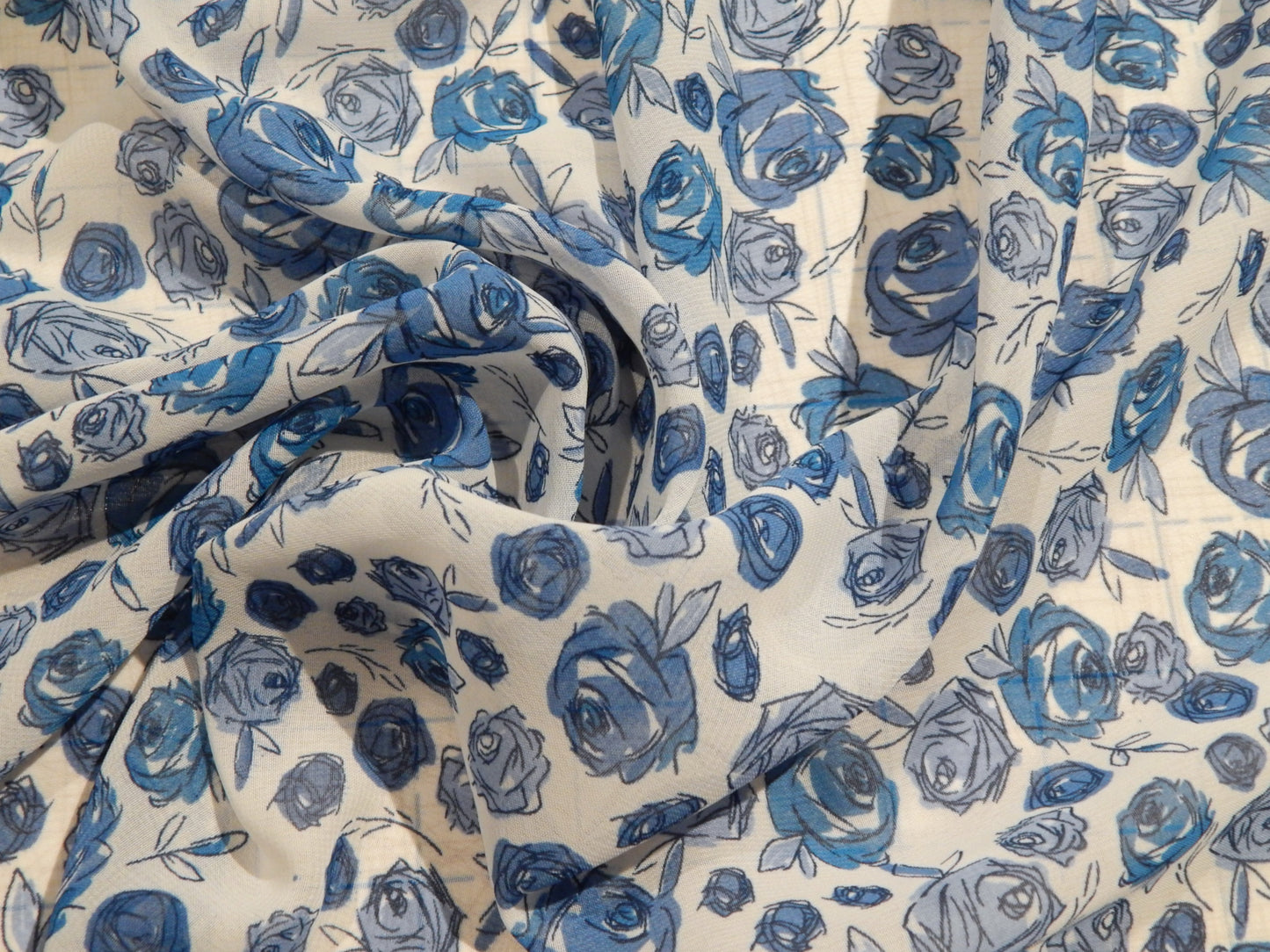 Blue and White Roses Chiffon
