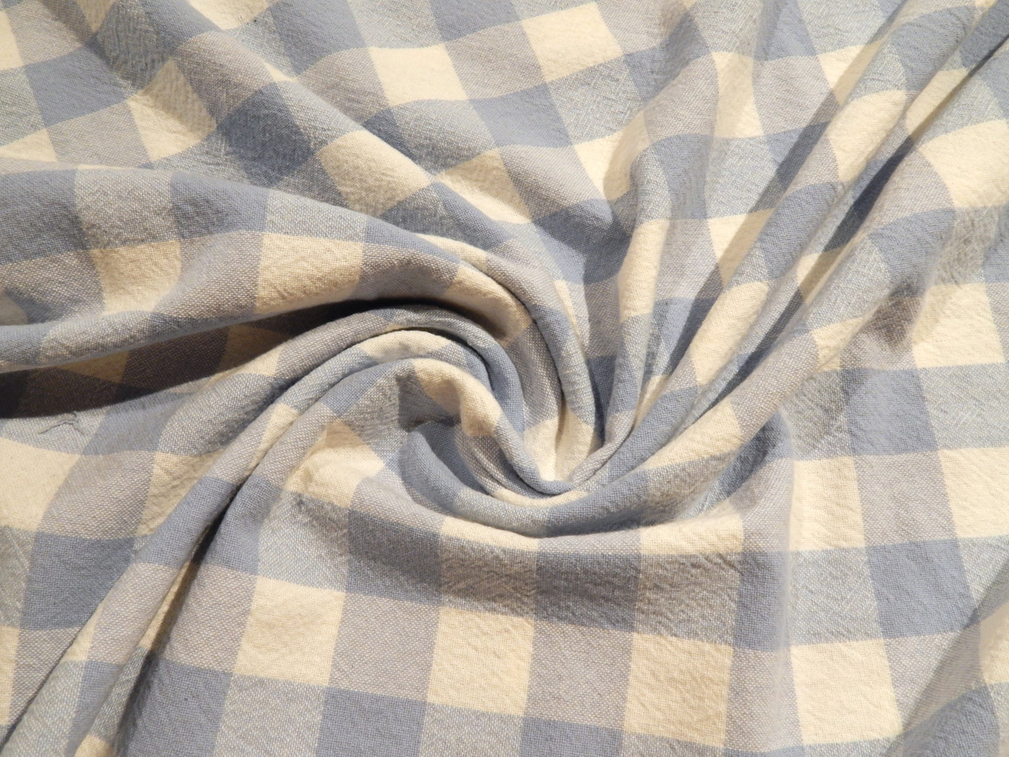 light blue and white 1" gingham telio organic cotton checkered yarn dyed fabric