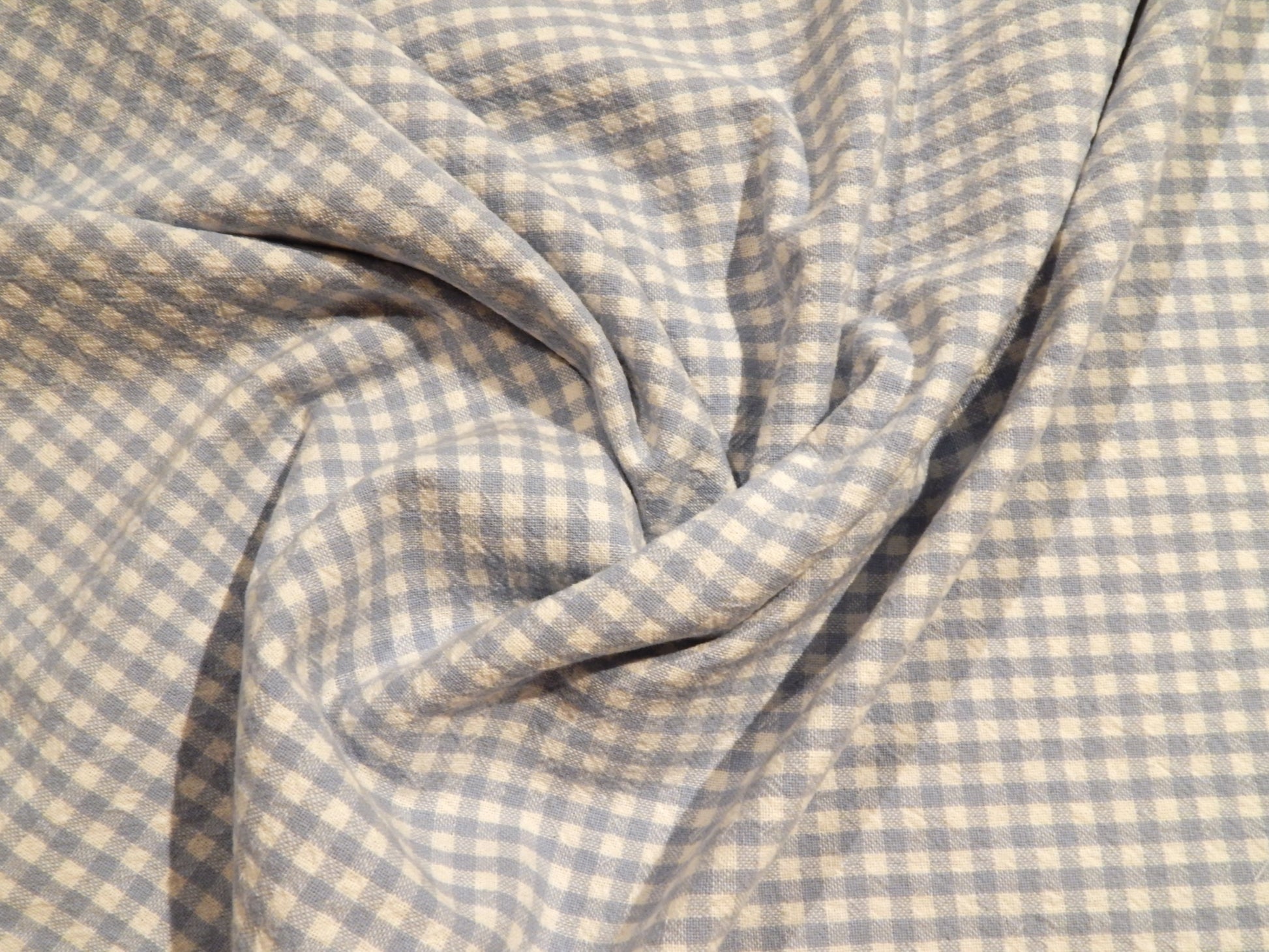 light blue and white 1/4" gingham telio organic cotton checkered yarn dyed fabric