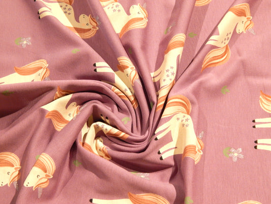 girls unicorn purple cotton jersey knit fabric glitter horse fabric