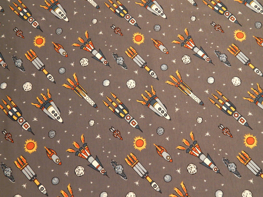 boys spaceship rocket asteroid sun space themed cotton jersey knit fabric