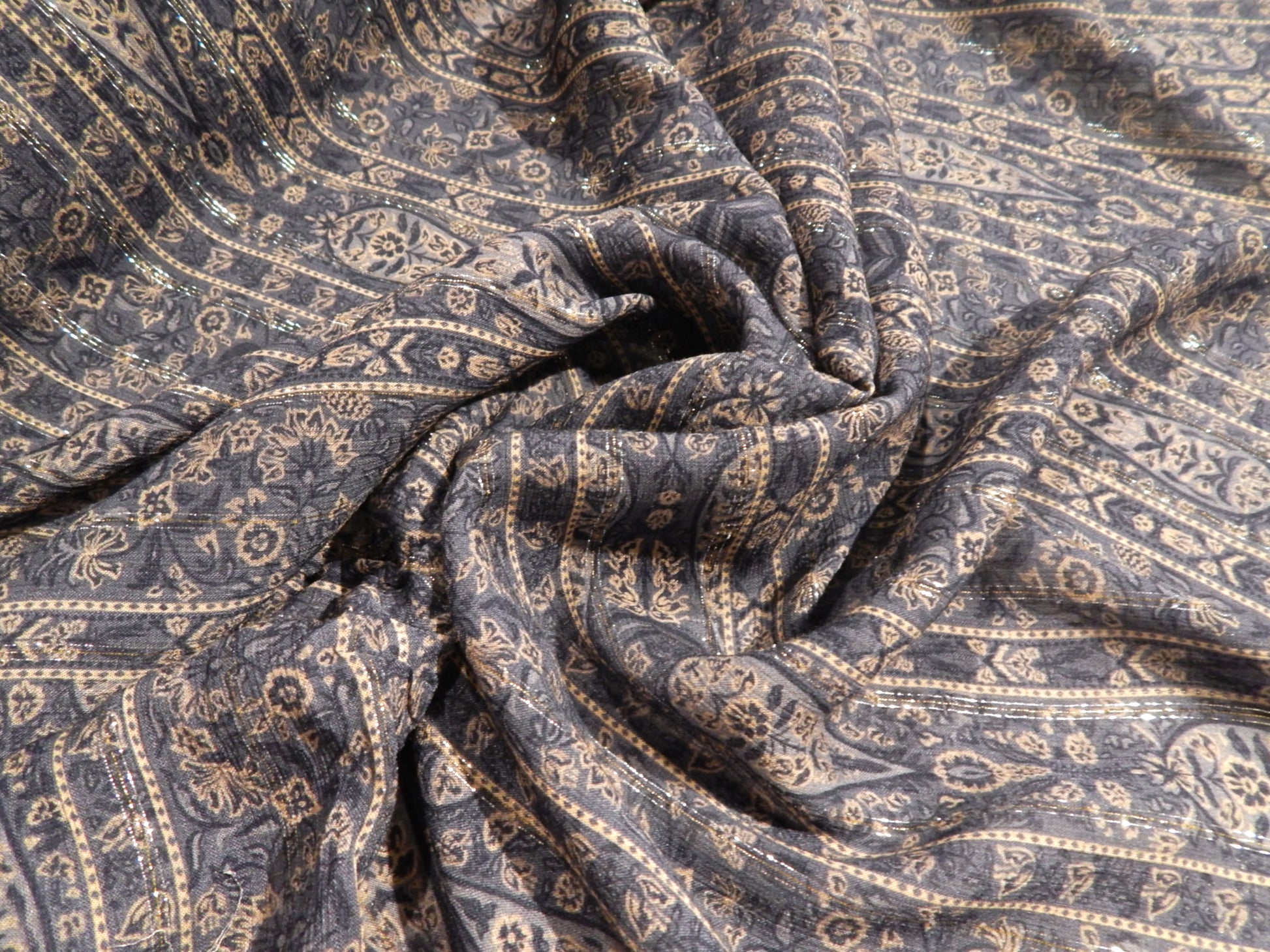 blue jean mumbai bazaar telio rayon chiffon with metallic lurex stripe Arabric print