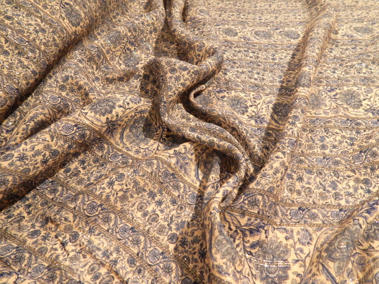 Ivory and Blue Bazaar Metallic Stripe Rayon Chiffon - Telio