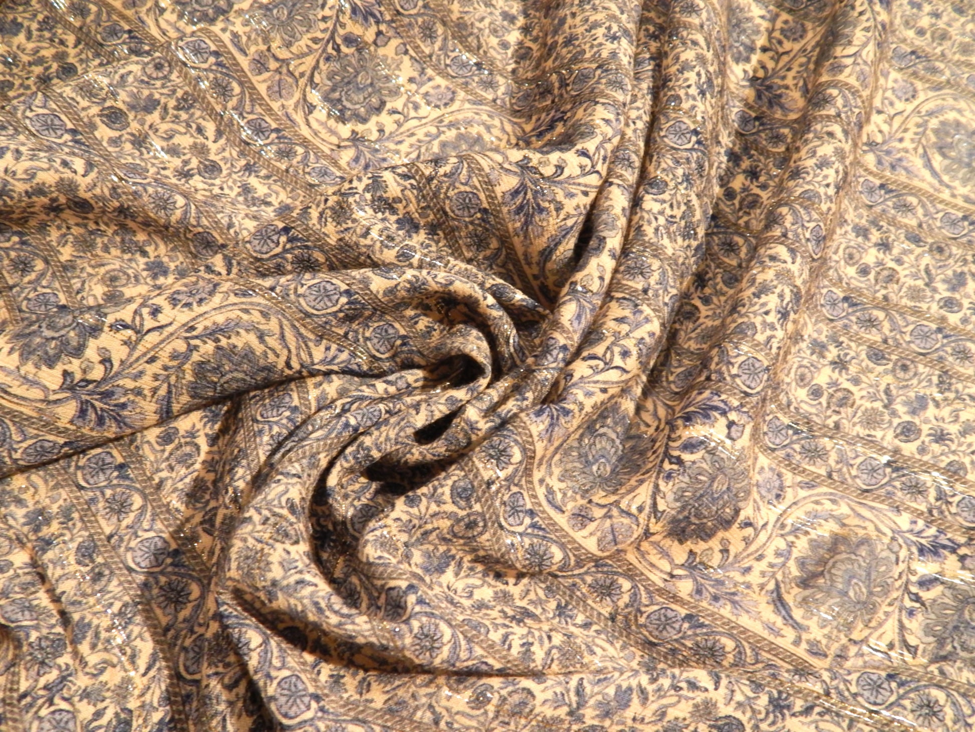 ivory and blue paisley floral stripe rayon chiffon fabric mumbai bazaar telio lurex stripe bohemian fabric