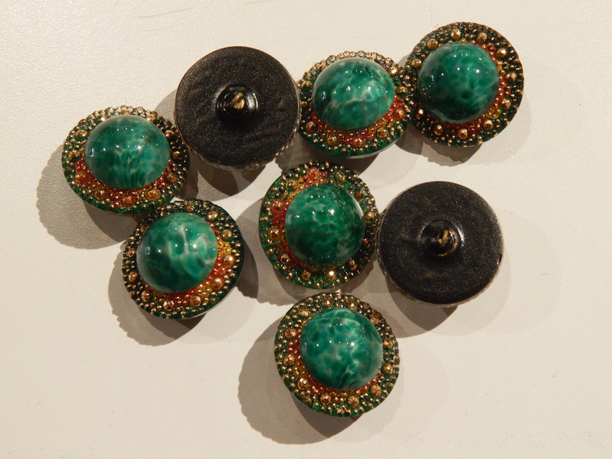 green and gold czech glass buttons half done couture buttons
