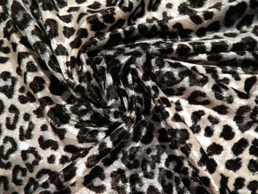 black silver and white cheetah print snow leopard print stretch velvet deadstock fabric
