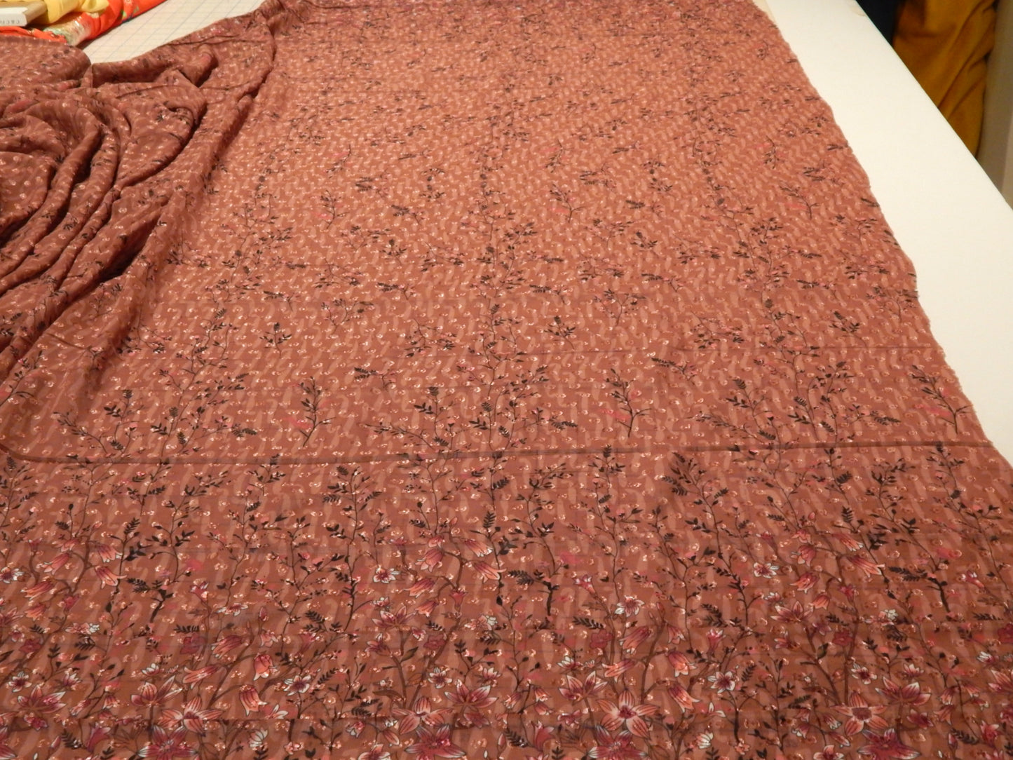 Mauve and Tan Floral Swiss Dot Chiffon