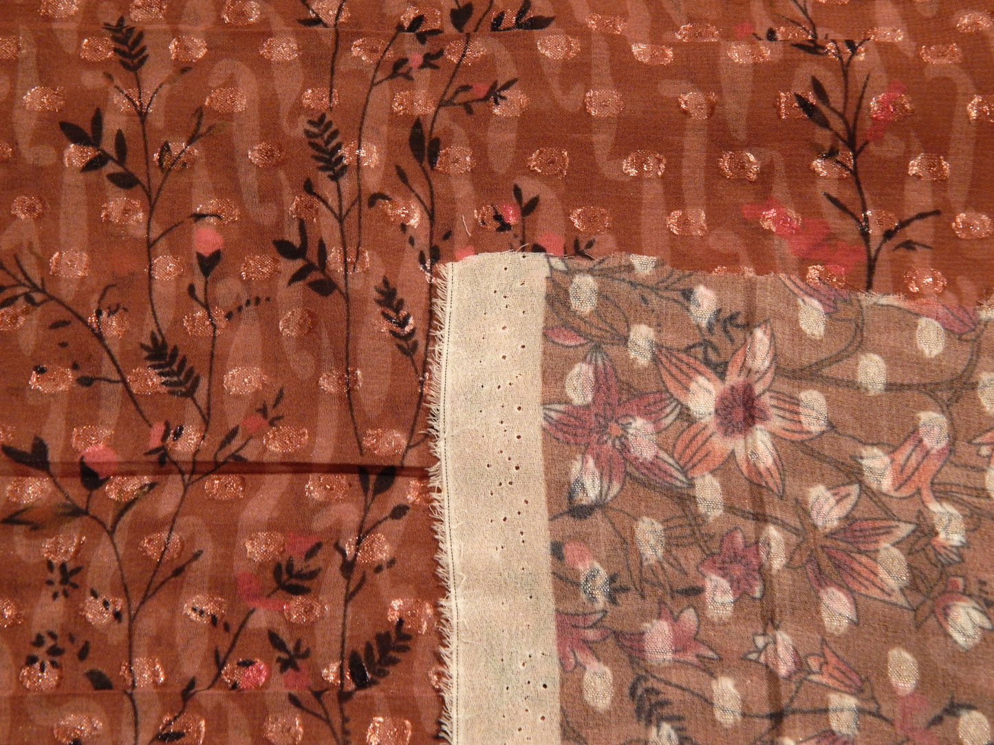 Mauve and Tan Floral Swiss Dot Chiffon