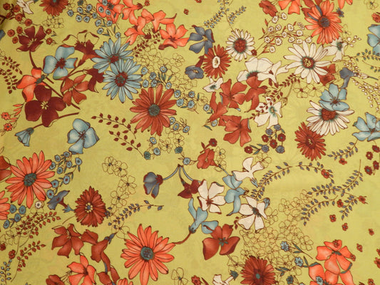 red blue and green floral crepe fabric deadstock