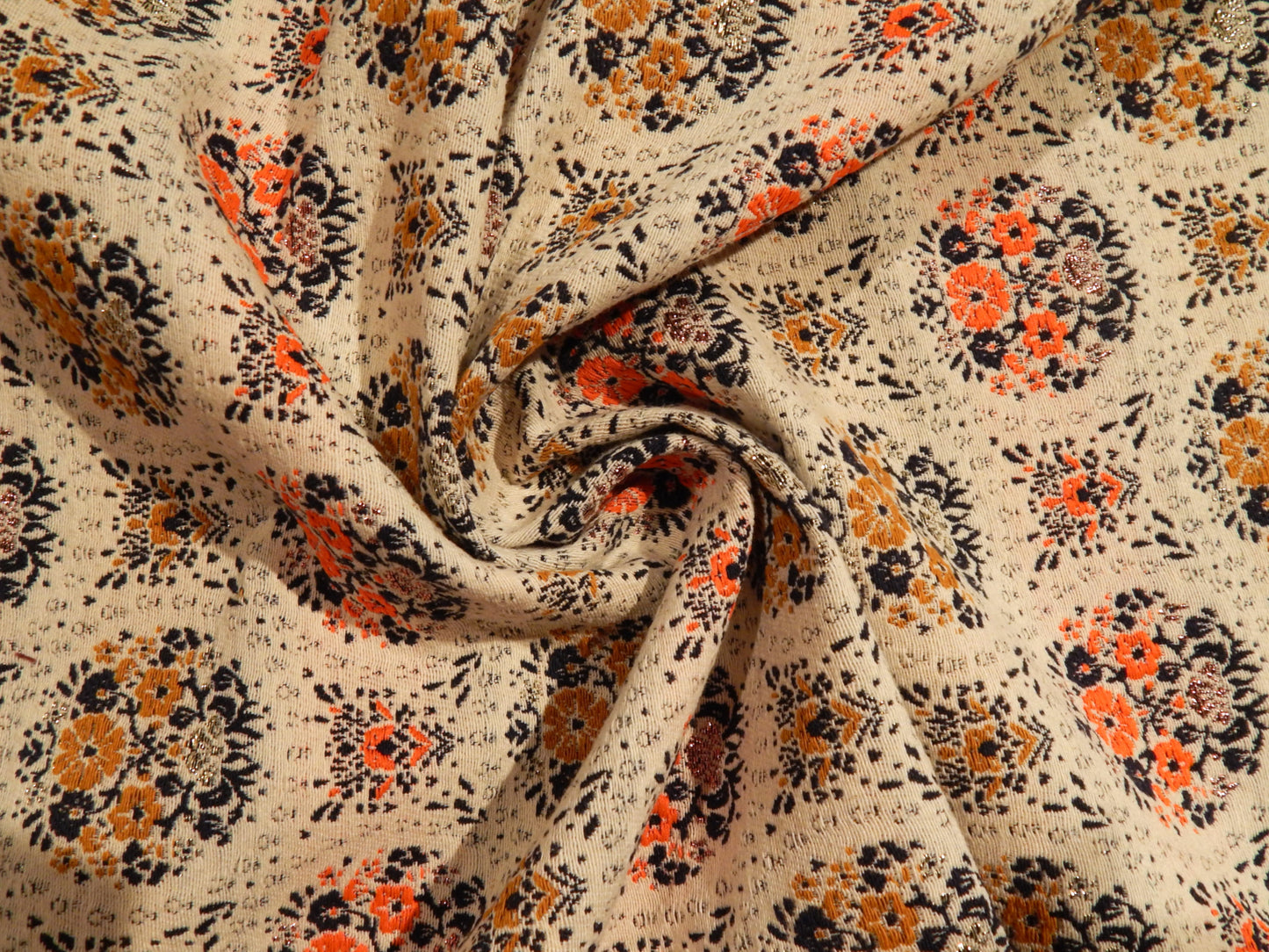 orange navy gold and beige cotton blend metallic brocade deadstock fabric reversible floral