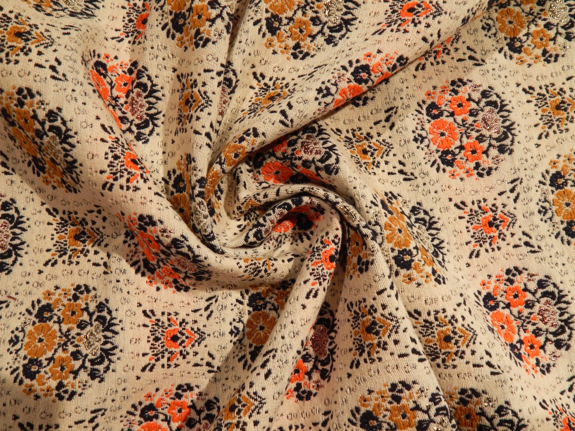 orange navy gold and beige cotton blend metallic brocade deadstock fabric reversible floral