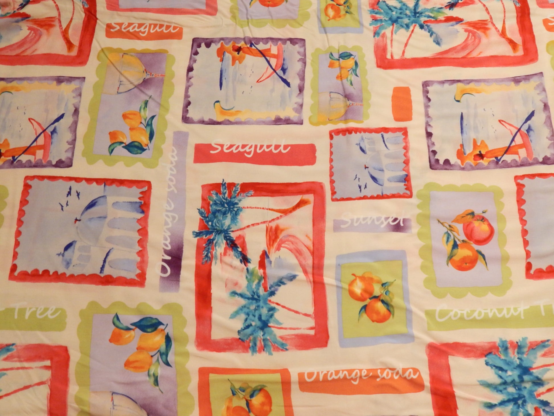 telio digital picasso beach postage stamps rayon challis fabric