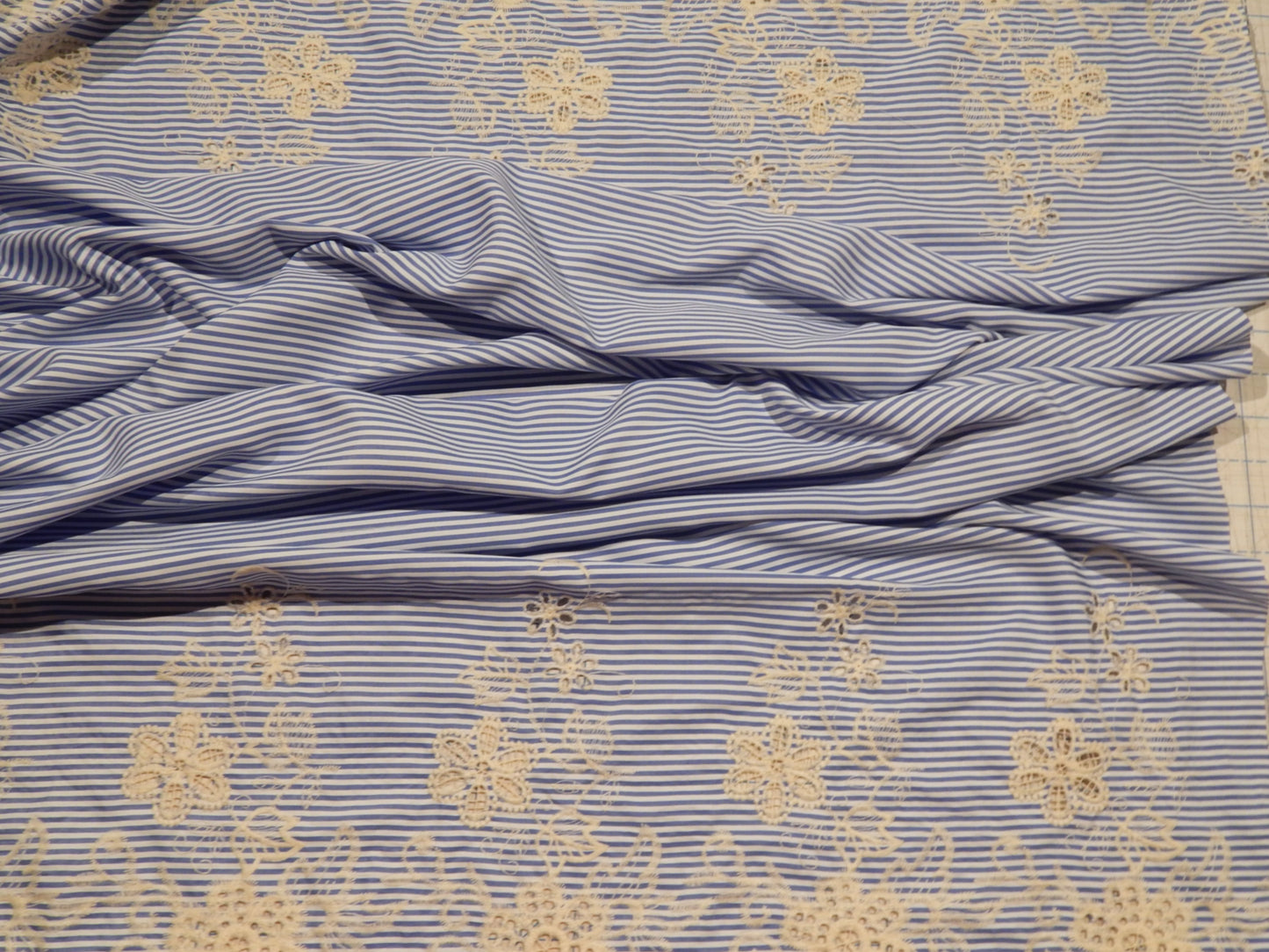 Ivory Embroidered Scallop Blue and White Striped Shirting