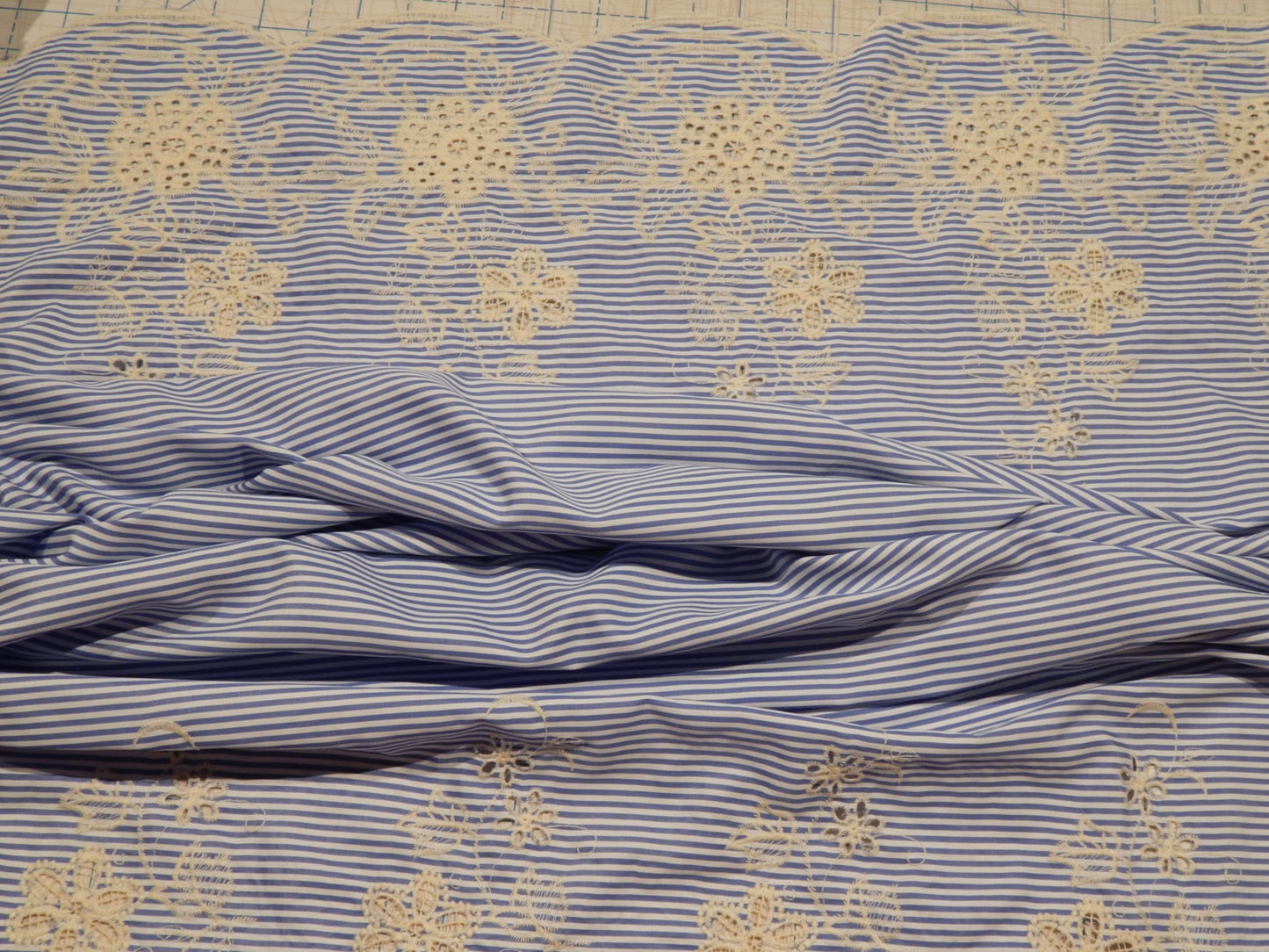 blue and white striped double embroidered boarder polyester shirting deadstock fabric