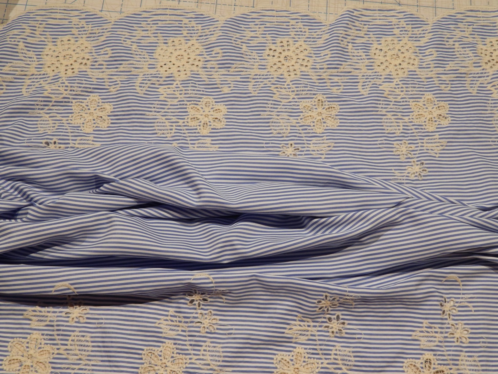 blue and white striped double embroidered boarder polyester shirting deadstock fabric