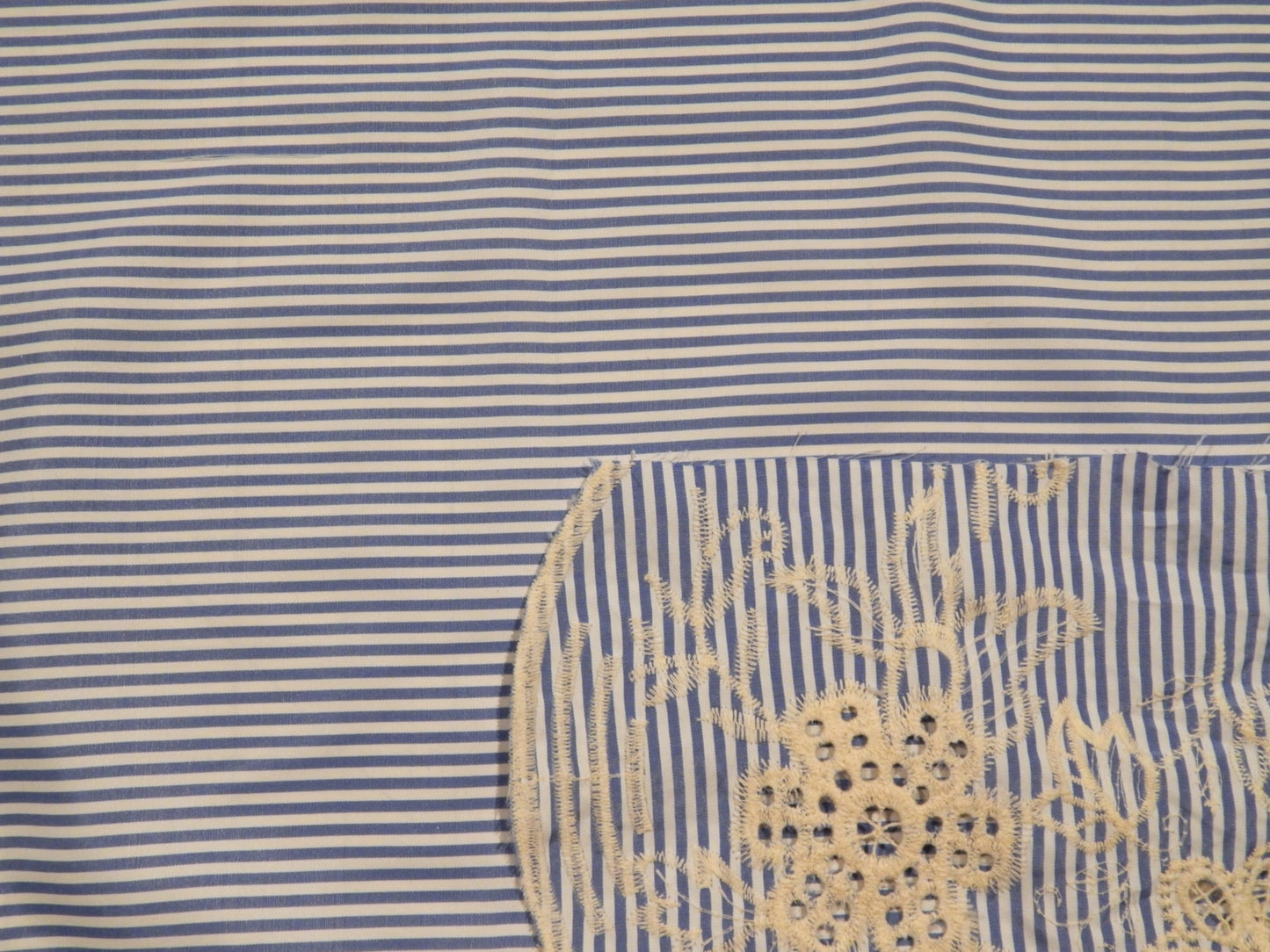 Ivory Embroidered Scallop Blue and White Striped Shirting