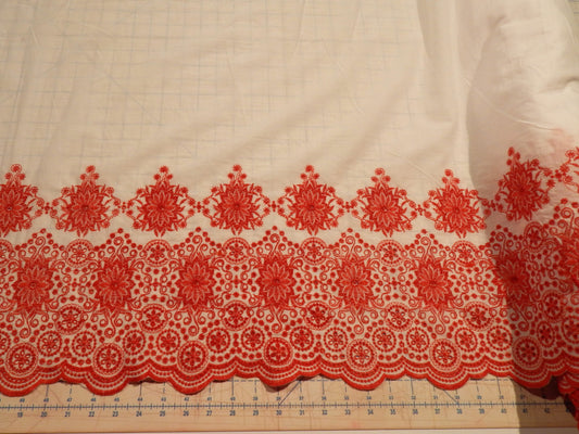 red and white embroidered floral scallop single border cotton lawn deadstock fabric