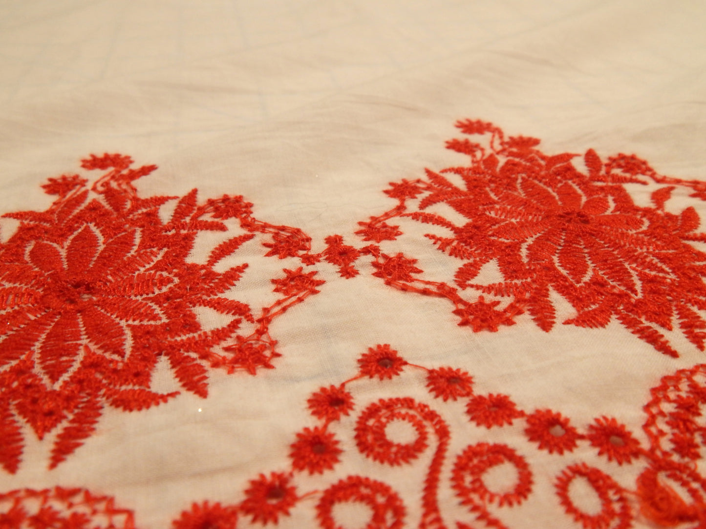 Red and White Floral Embroidered Border Cotton Lawn