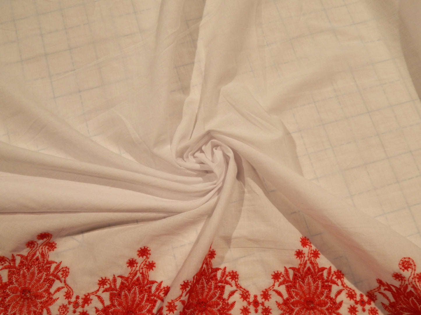 Red and White Floral Embroidered Border Cotton Lawn