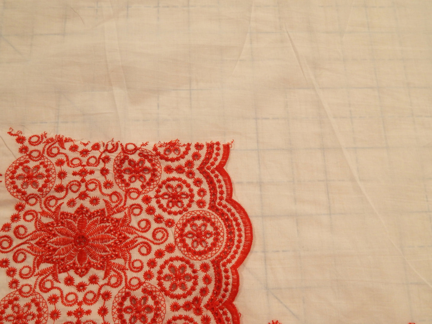 Red and White Floral Embroidered Border Cotton Lawn