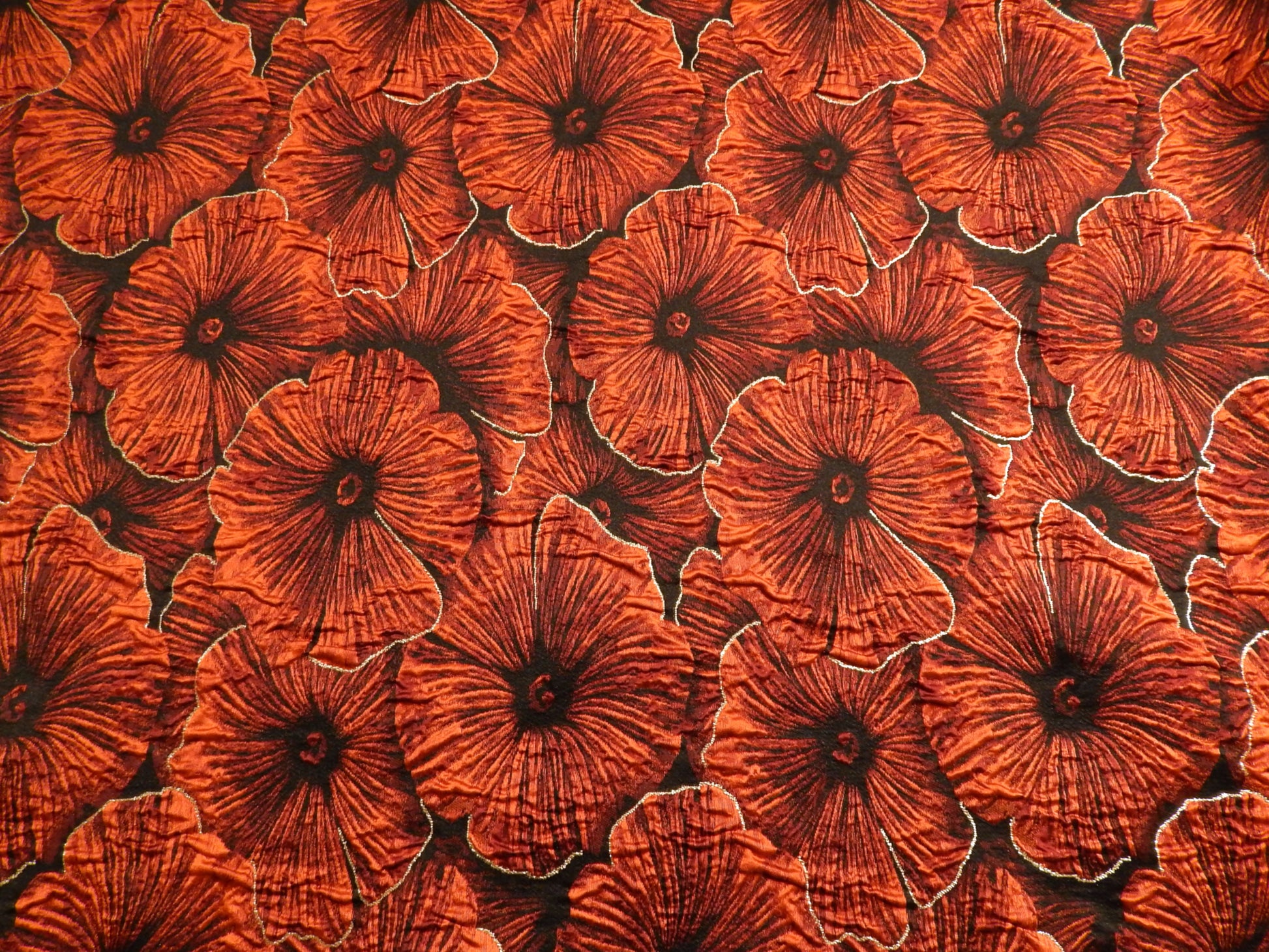 metallic popies orange, red, black, gold, and white poppy floral brocade jacquard fabric telio