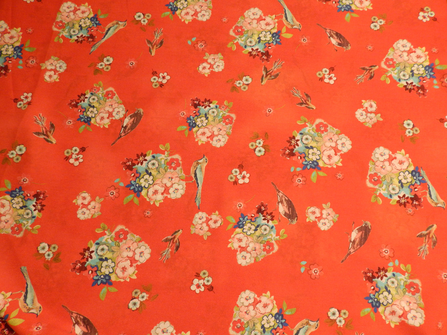 scarlet red birds and floral sateen deadstock polyester fabric