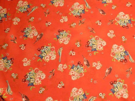 scarlet red birds and floral sateen deadstock polyester fabric