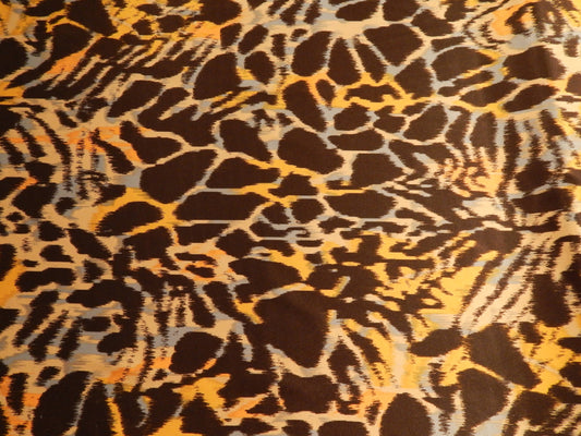 Abstract giraffe brown blue and gold deadstock polyester charmeuse fabric