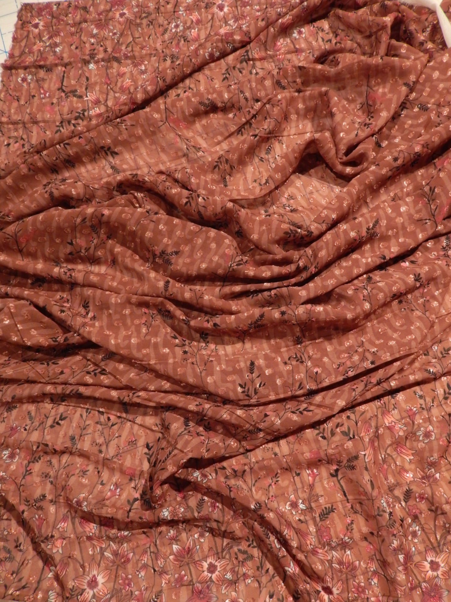 Mauve and Tan Floral Swiss Dot Chiffon