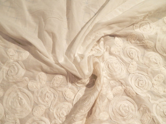 White Couched Roses Double Border Voile