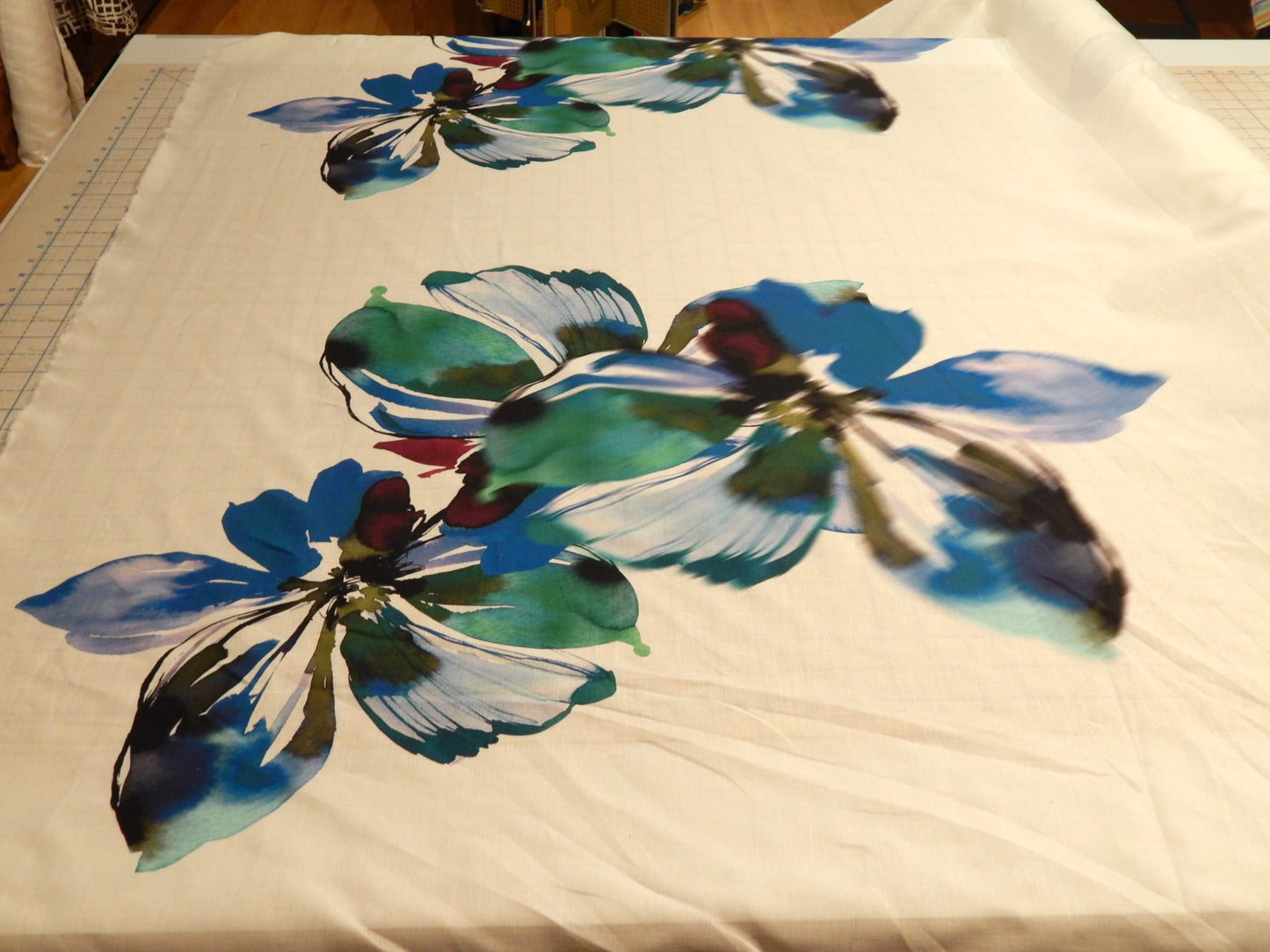 extra large tropical blue green and burgundy flower linen print deadstock fabric