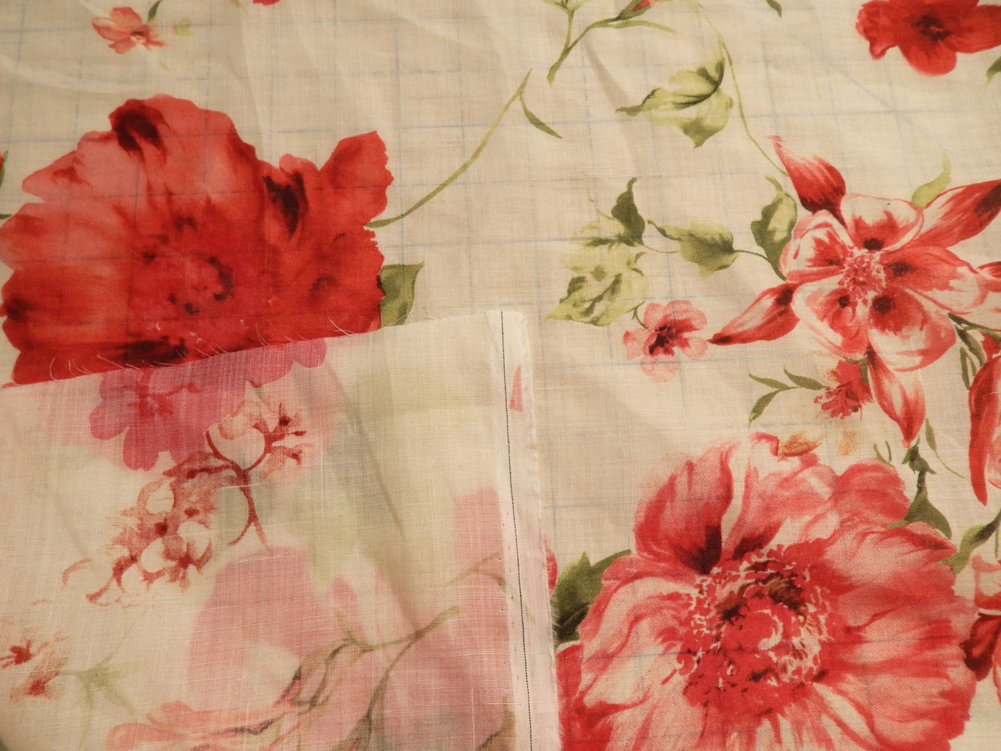 Red and White Floral Linen Voile