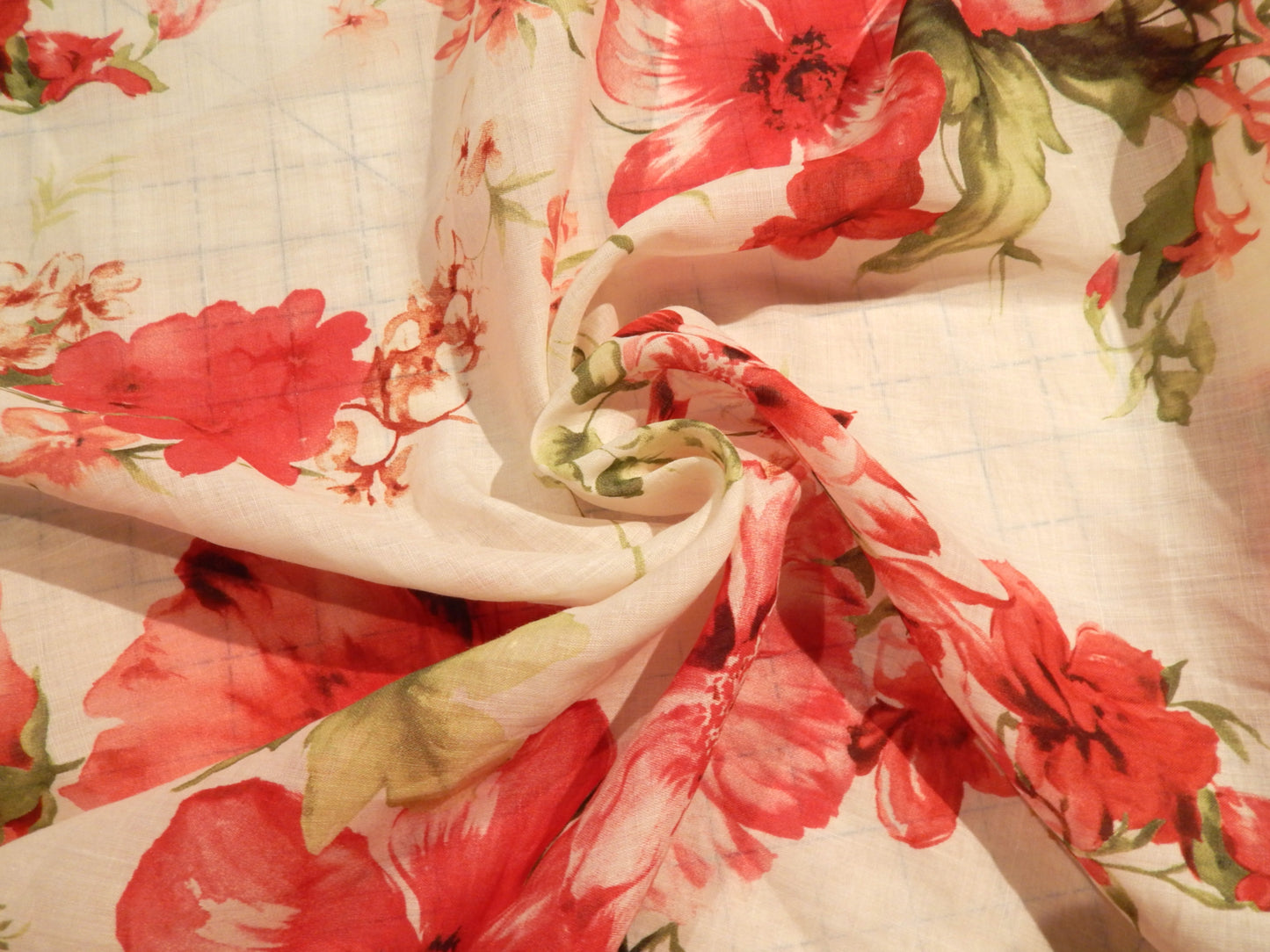Red and White Floral Linen Voile