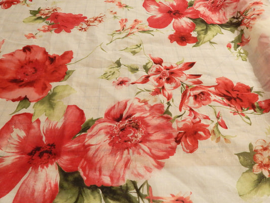 Red and White Floral Linen Voile