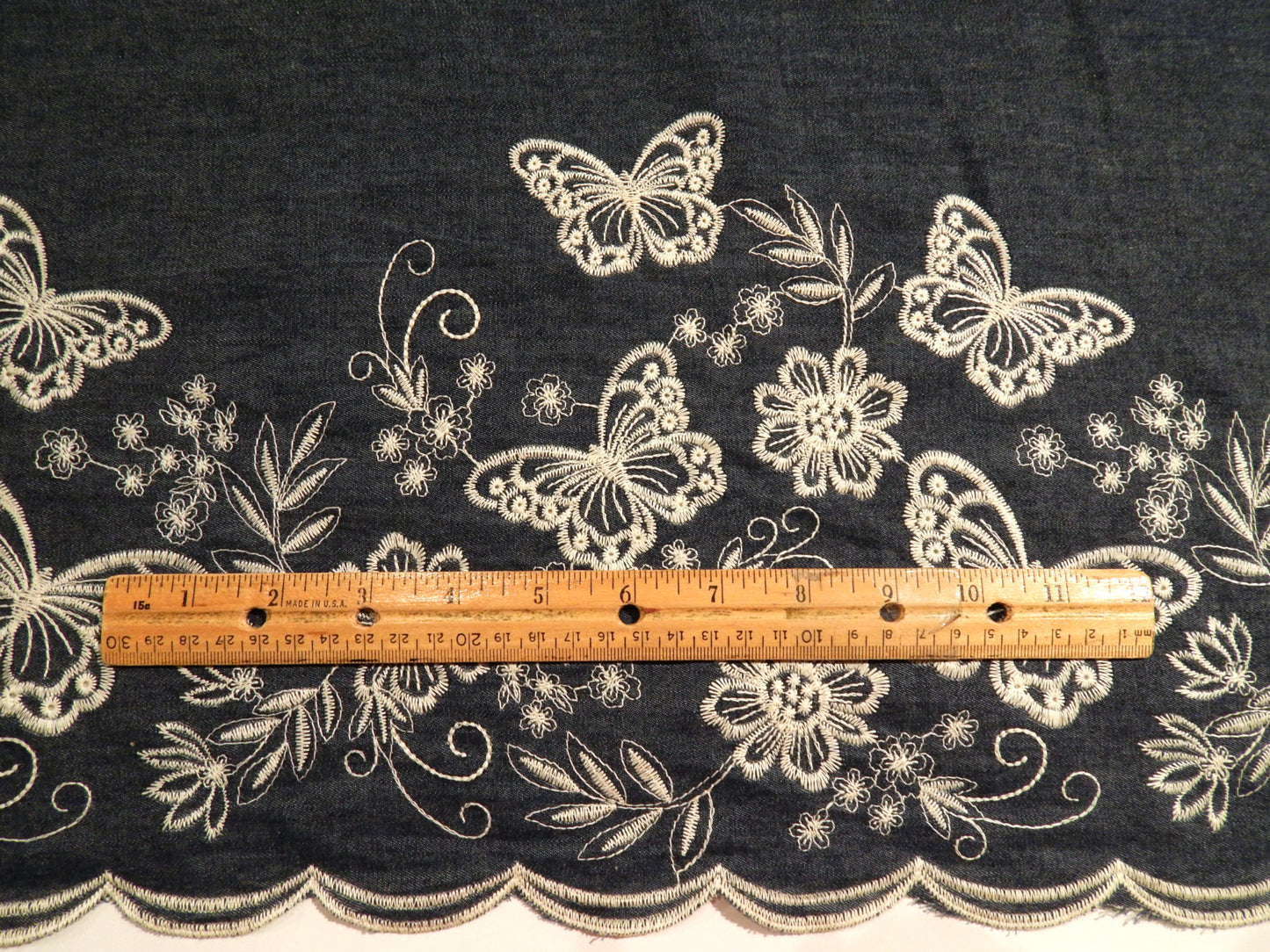 Ivory Embroidered Butterfly Scallop Denim Chambray