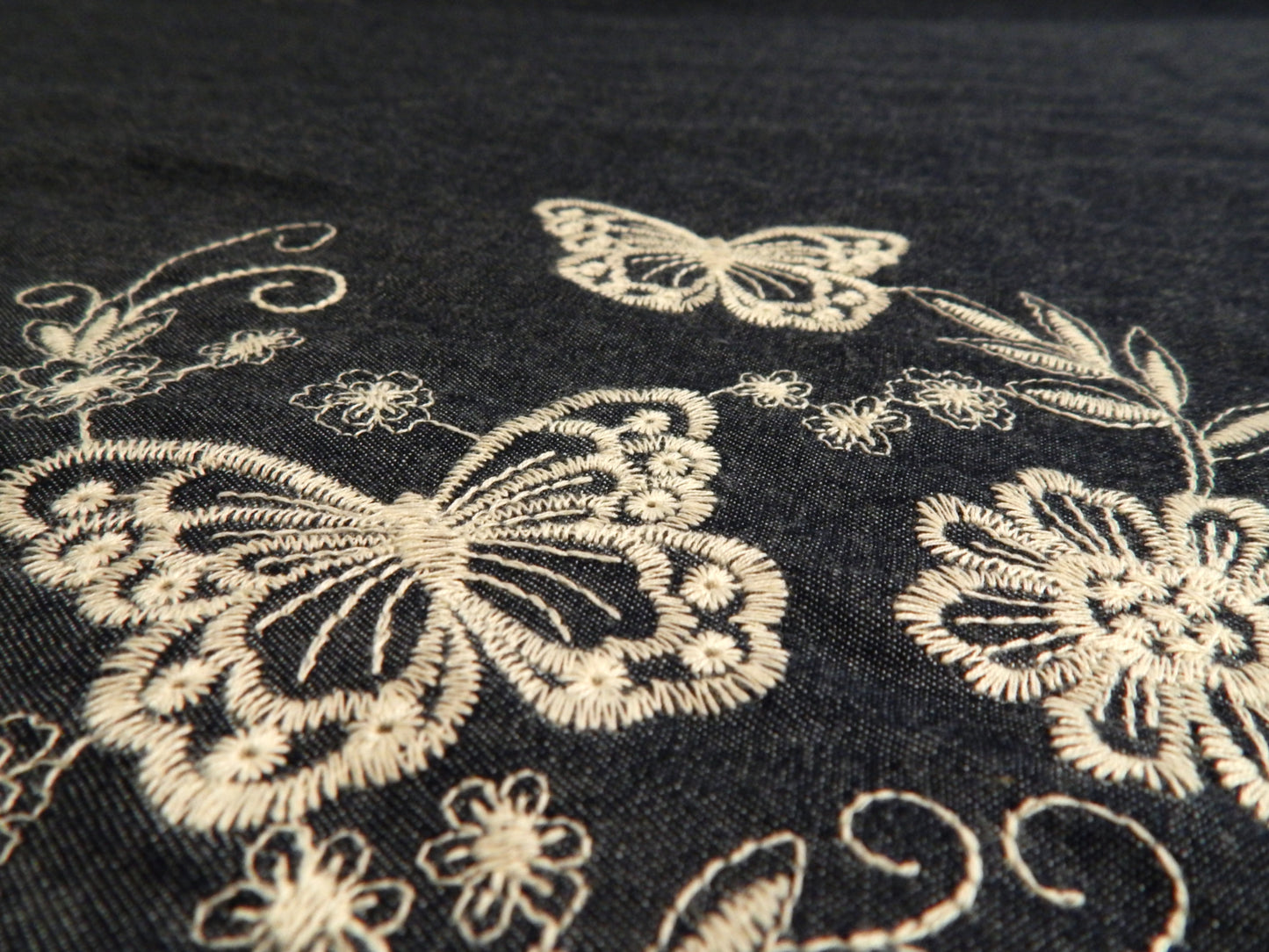 Ivory Embroidered Butterfly Scallop Denim Chambray