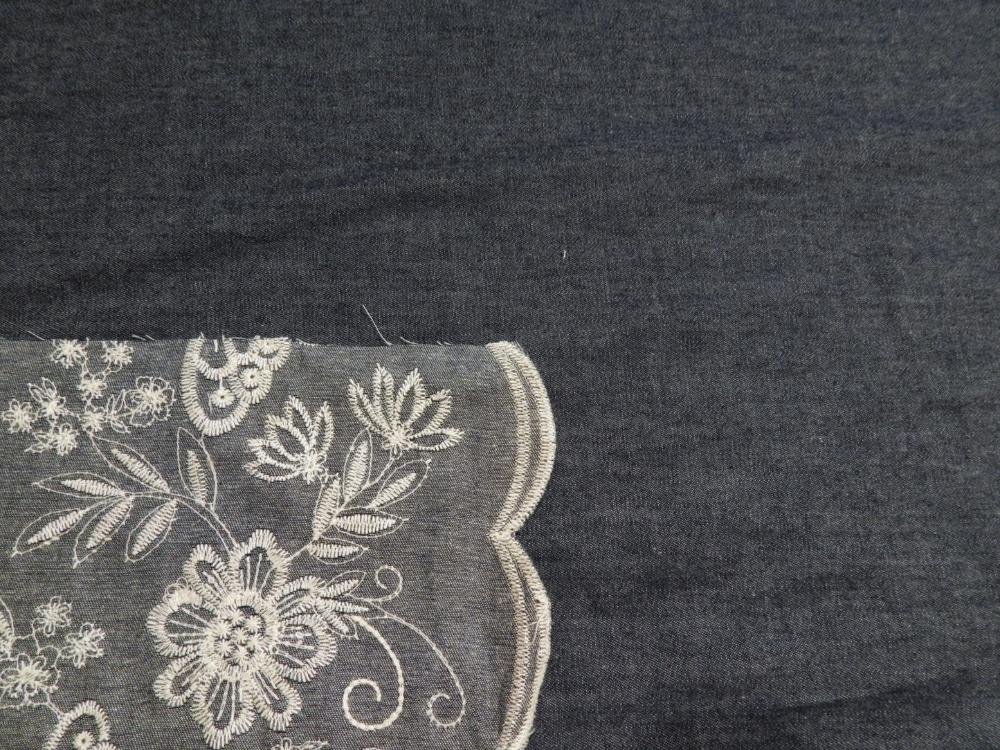 Ivory Embroidered Butterfly Scallop Denim Chambray