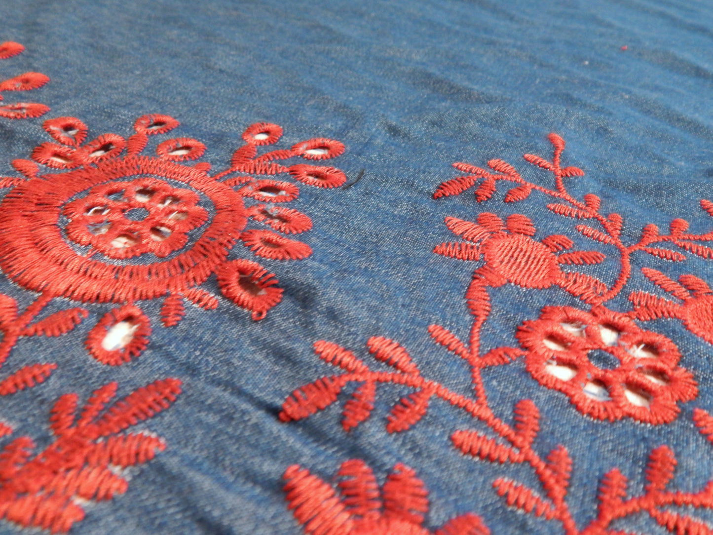 Navy Chambray with Red Floral Embroidery