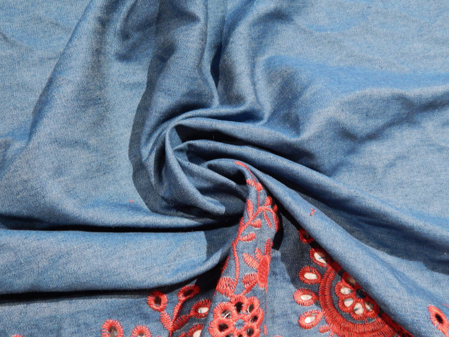 Navy Chambray with Red Floral Embroidery