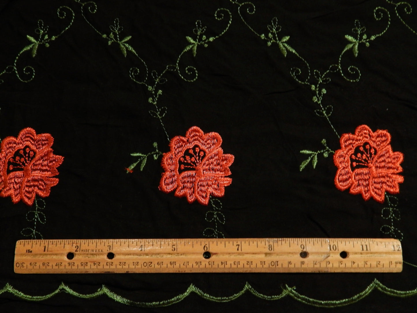 Red Embroidered Roses on Black Rayon Challis