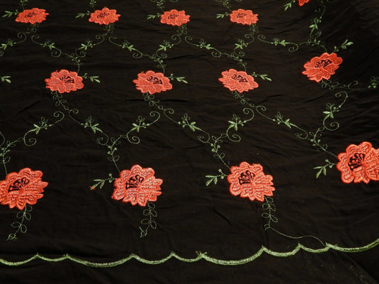 Red Embroidered Roses on Black Rayon Challis