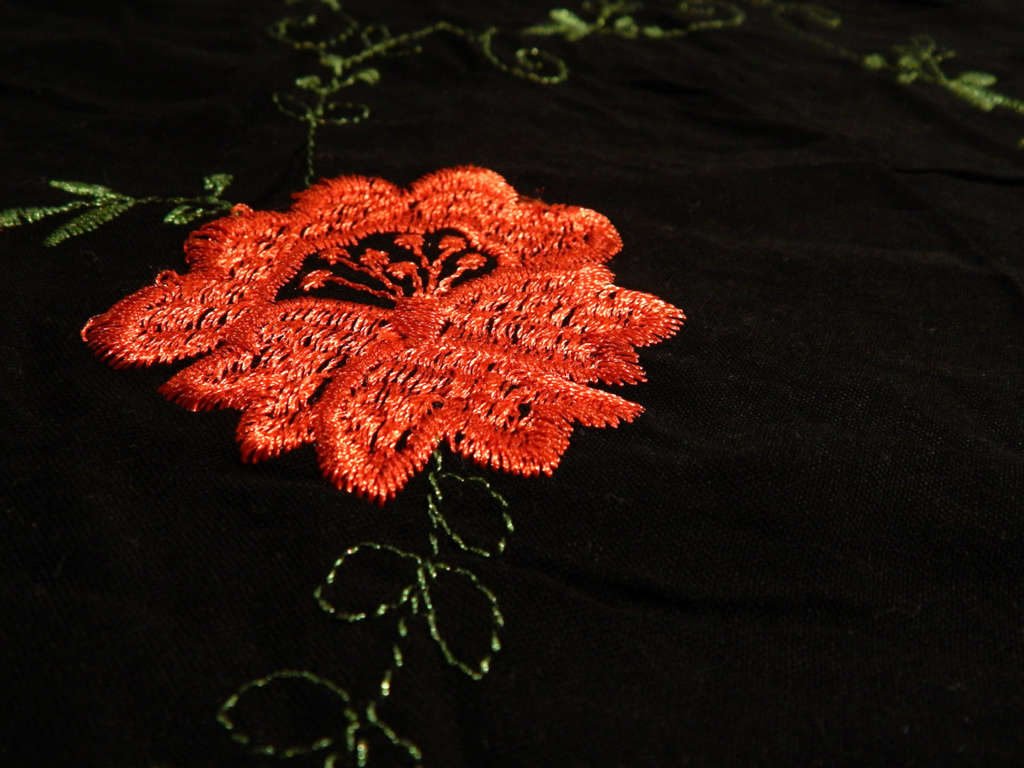 Red Embroidered Roses on Black Rayon Challis