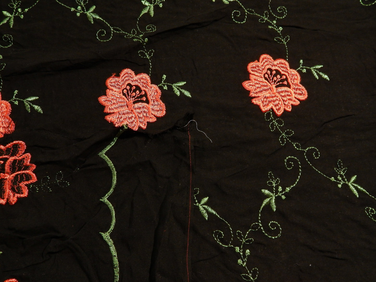 Red Embroidered Roses on Black Rayon Challis