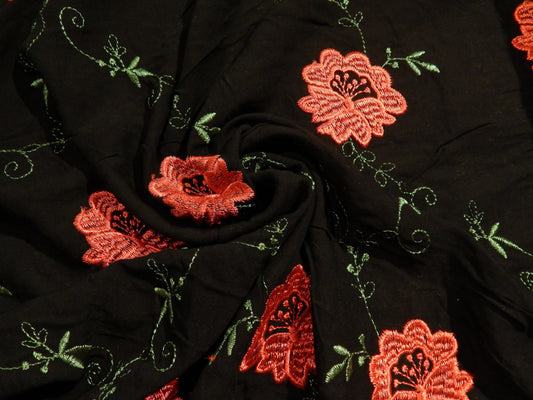 Red Embroidered Roses on Black Rayon Challis