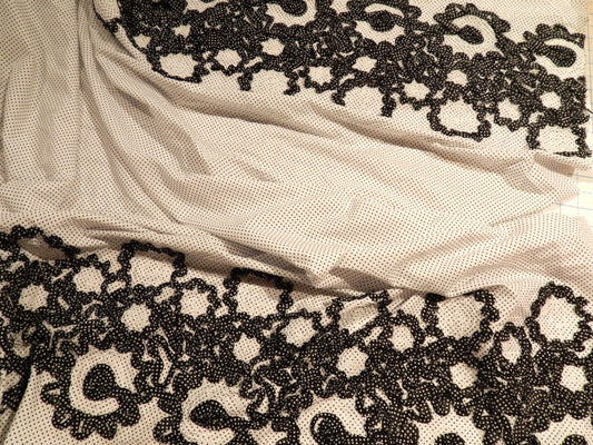 black and white polka dot couched double border squiggle corded cotton shirting deadstock fabric