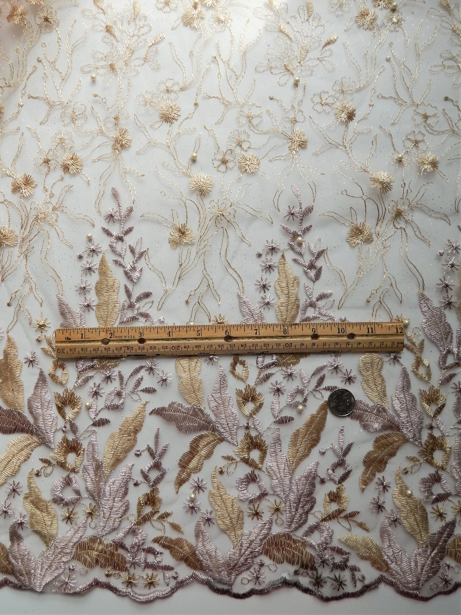 Metallic gold beaded lace fabric