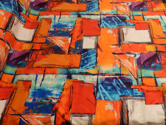 abstract geometric orange red white blue and purple cotton spandex stretch poplin telio print fabric