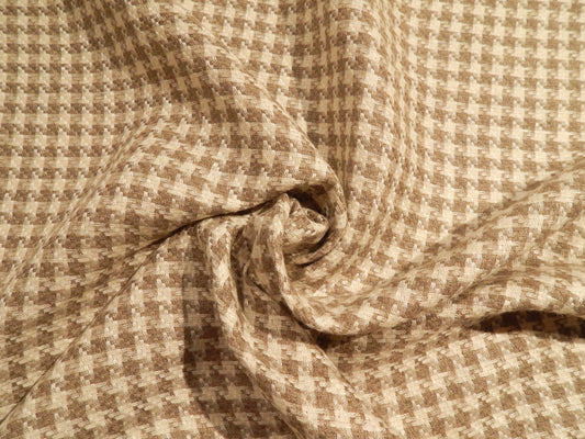 tan and white yarn dyed large woven houndstooth polish linen fabric deadstock