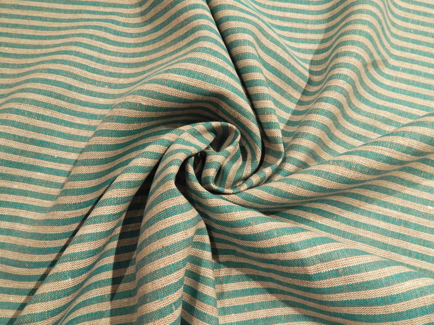 teal and tan yard dyed striped polish linen fabric